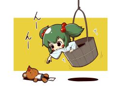  :x black_eyes blush_stickers bucket character_doll clenched_teeth commentary_request female green_hair hair_bobbles hair_ornament hanging horns hoshiguma_yuugi in_bucket in_container japanese_clothes kimono kisume letter lying on_ground outstretched_arm outstretched_hand reaching single_horn solo star_(symbol) stuffed_animal stuffed_toy teddy_bear teeth touhou twintails wooden_bucket yukata zannen_na_hito 