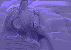  2girls animal_ears bed_sheet blanket blush commentary_request futon ishikkoro lying monochrome mouse_ears multiple_girls nazrin pillow purple_theme short_hair solo_focus toramaru_shou touhou under_covers 