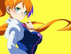  adjusting_eyewear aquarion_(series) aquarion_evol blue_eyes blush bow breasts commentary_request female glasses large_breasts long_hair mix_(aquarion) multicolored_hair orange_hair ponytail ribbon rimless_eyewear solo tsurukame_(doku) very_long_hair yellow_background 