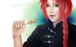  1boy bad_id bad_pixiv_id blue_eyes braid chinese_clothes dango felice food gintama hair_over_shoulder kamui_(gintama) lips long_hair male_focus realistic red_hair single_braid solo tongue wagashi 