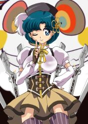  beret bishoujo_senshi_sailor_moon blue_eyes blue_hair charlotte_(madoka_magica) commentary_request corset cosplay crossover detached_sleeves female fingerless_gloves gloves gun hat magical_girl magical_musket mahou_shoujo_madoka_magica mahou_shoujo_madoka_magica_(anime) mami_mogu_mogu mizuno_ami one_eye_closed photoshop_(medium) pointing puffy_sleeves pun ranpu short_hair skirt smile striped_clothes striped_thighhighs thighhighs tomoe_mami tomoe_mami_(cosplay) tomoe_mami_(magical_girl) vertical-striped_clothes vertical-striped_thighhighs weapon yellow_skirt zettai_ryouiki 