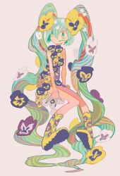  bad_id bad_pixiv_id boots dress female floral_print floral_print_boots flower flower_dress full_body green_eyes green_hair hair_flower hair_ornament hatsune_miku headset long_hair maruco pansy print_footwear simple_background sitting solo twintails very_long_hair vocaloid 