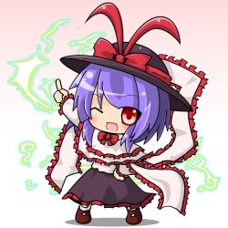  arm_up blush bow capelet chibi commentary_request electricity female hand_on_own_hip hat hat_bow index_finger_raised nagae_iku oerba_yun_fang one_eye_closed open_mouth outstretched_arm photoshop_(medium) purple_hair red_eyes ribbon saturday_night_fever scarf seputok0904 short_hair skirt smile solo touhou 