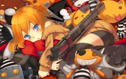  :o black_thighhighs blue_eyes blush commentary_request eyepatch female gun holding looking_at_viewer lying on_side orange_hair original solo striped stuffed_animal stuffed_cat stuffed_dog stuffed_rabbit stuffed_toy super_zombie teddy_bear thighhighs weapon 