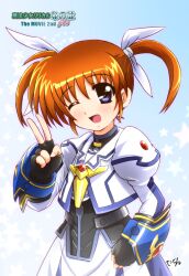  arm_guards blush brown_hair commentary_request copyright_name diesel-turbo dress female fingerless_gloves gloves hair_ribbon long_skirt long_sleeves lyrical_nanoha magical_girl mahou_shoujo_lyrical_nanoha mahou_shoujo_lyrical_nanoha_a&#039;s mahou_shoujo_lyrical_nanoha_the_movie_2nd_a&#039;s one_eye_closed open_mouth puffy_sleeves purple_eyes ribbon short_twintails skirt solo takamachi_nanoha twintails v 