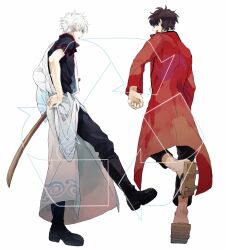  2boys arrow_(symbol) bokken brown_hair commentary_request geta gintama hadanugi_dousa japanese_clothes kicking kimono long_sleeves male_focus multiple_boys open_clothes open_kimono recycling_symbol sakamoto_tatsuma sakata_gintoki short_sleeves sword urahara weapon white_hair wooden_sword 