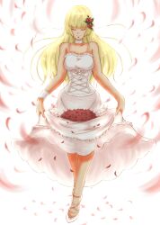  aizawa_yu blonde_hair choker closed_eyes commentary_request corset curtsey dress female lili_(tekken) long_hair petals shoes skirt_basket solo tekken white_dress 