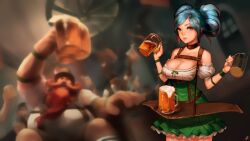  alcohol beer blue_eyes blue_hair blurry breasts cleavage collar commentary_request cup depth_of_field dirndl female german_clothes gragas highres instant_ip large_breasts league_of_legends mug oktoberfest short_hair sona_(league_of_legends) underbust 