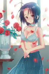  ahoge bad_id bad_pixiv_id black_hair blush body_blush bra breasts choker cleavage collarbone female flower idolmaster idolmaster_(classic) large_breasts looking_at_viewer miura_azusa petals photoshop_(medium) red_eyes red_flower red_rose rose shiny_skin short_hair skirt smile solo sonsoso underwear vase 