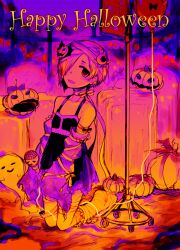  babydoll bandages commentary_request detached_sleeves earrings female ghost graveyard hair_over_one_eye halloween happy_halloween idolmaster idolmaster_cinderella_girls jack-o&#039;-lantern jewelry kneeling lingerie looking_at_viewer microphone open_mouth photoshop_(medium) pumpkin ribbon ruiko_(sad) shirasaka_koume short_hair sleeves_past_wrists smile solo tombstone underwear 