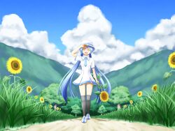  blue_hair closed_eyes cloud commentary_request day dress female flower grass hat hatsune_miku highres long_hair md5_mismatch nanatsuba necktie open_mouth outdoors project_diva_(series) project_diva_f resolution_mismatch sky solo source_smaller summer_memories_(module) sunflower thighhighs time_machine_(vocaloid) tree twintails very_long_hair vocaloid 