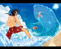  3boys bad_id bad_pixiv_id battle beach black_hair blue_sky casting_spell cloud colored_skin dango day duel fish_boy food grey_skin hand_gesture highres hoshigaki_kisame hydrokinesis incoming_attack letterboxed mackerel_(sabanoneko) magic male_focus monster_boy multiple_boys naruto naruto_(series) naruto_shippuuden outdoors pain_(naruto) ponytail shark shark_boy sky sun uchiha_itachi wagashi water waves yahiko_(naruto) 