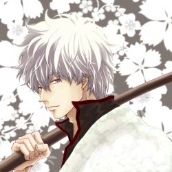  1boy bokken cherry_blossoms commentary_request flower gin2point gintama japanese_clothes male_focus red_eyes sakata_gintoki solo sword weapon white_hair wooden_sword 