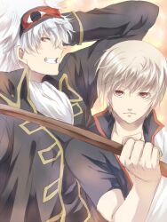  2boys bokken brown_hair commentary_request cosplay costume_switch gintama jacket male_focus maruki_(punchiki) multiple_boys okita_sougo okita_sougo_(cosplay) red_eyes sakata_gintoki sakata_gintoki_(cosplay) sleep_mask sword uniform weapon white_hair wooden_sword 