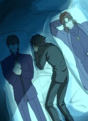  1boy bad_id bad_pixiv_id black_hair brown_hair commentary_request cross cross_necklace dakimakura_(object) dual_persona emiya_kiritsugu fate/stay_night fate/zero fate_(series) jewelry kotomine_kirei natsu_yasai necklace pillow trembling 