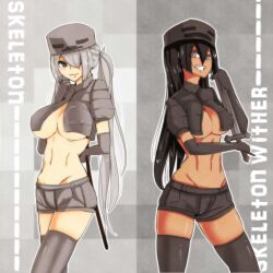  2girls at2. black_hair black_legwear blush bow_(weapon) breasts character_name cleavage commentary_request covered_nipples elbow_gloves gloves grey_eyes grey_legwear grin hat large_breasts long_hair midriff minecraft multiple_girls navel personification shorts silver_hair skeleton_(minecraft) smile standing sword thighhighs twintails underboob weapon wither_skeleton_(minecraft) 