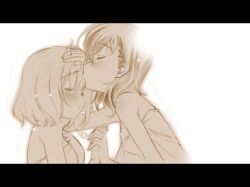  2girls blush closed_eyes commentary_request fukuji_mihoko holding_hands kissing kissing_forehead letterboxed monochrome multiple_girls photoshop_(medium) saki_(manga) senomoto_hisashi short_hair takei_hisa tears yuri 