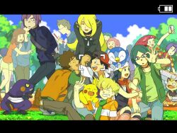  5girls 6+boys alcohol backwards_hat bad_id bad_pixiv_id barry_(pokemon) battery_indicator beer_can brock_(pokemon) can cellphone character_request closed_eyes commentary_request conway_(pokemon) croagunk cynthia_(pokemon) dawn_(pokemon) drink_can grass green_hair hat hug james_(pokemon) jessie_(pokemon) meowth multiple_boys multiple_girls open_mouth outdoors paul_(pokemon) phone pikachu piplup pokemon pokemon_(anime) pokemon_(creature) pokemon_dppt_(anime) satoshi_(pokemon) sitting smile sweatdrop taoru_(t_kiji) 