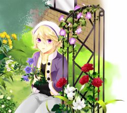  1boy alternate_costume artistic_error blonde_hair blue_flower clover clover_(flower) commentary_request daisy flower garden hat ivan_karelin jacket lily_(flower) male_focus morning_glory plant purple_eyes purple_flower purple_jacket red_flower red_rose rose running_bond sakuya_(ks) solo tiger_&amp;_bunny trellis vines white_flower window yellow_flower 