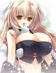  :d aoi_kimi bad_id bad_pixiv_id breasts brown_eyes brown_hair cleavage crop_top female flower kannon_ouji kyoukaisenjou_no_horizon large_breasts long_hair navel open_mouth smile solo 