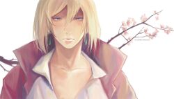  1boy bad_id bad_pixiv_id blonde_hair blue_eyes cape cherry_blossoms earrings felice howl_(howl_no_ugoku_shiro) howl_no_ugoku_shiro jewelry male_focus photoshop_(medium) solo 