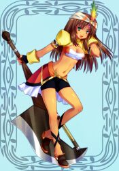  :d adjusting_hair armband axe bad_id bad_pixiv_id bike_shorts blue_background blush border breasts brown_hair cleavage cleavage_cutout clothing_cutout crop_top dark-skinned_female dark_skin feathers female final_fantasy final_fantasy_ix fingerless_gloves gem gloves gradient green_eyes hand_in_own_hair headband huge_weapon lani_(ff9) leaning_forward leg_lift long_hair looking_at_viewer medium_breasts midriff minatosaiga nail_polish navel open_mouth profile shoes skirt smile solo standing standing_on_one_leg striped striped_background tan turtleneck weapon 