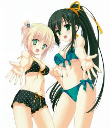  2girls bikini black_hair blonde_hair blush breasts cleavage front-tie_top green_eyes highres kore_wa_zombie_desu_ka? long_hair medium_breasts multiple_girls muririn navel open_mouth outstretched_arms polka_dot polka_dot_bikini polka_dot_swimsuit ponytail seraphim_(korezom) side-tie_bikini_bottom simple_background skindentation strap_gap swimsuit yoshida_yuki_(korezom) 