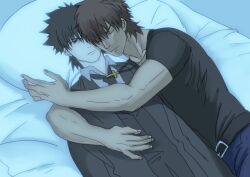  1boy bad_id bad_pixiv_id black_eyes black_hair brown_hair commentary_request cross cross_necklace dakimakura_(object) emiya_kiritsugu facial_hair fate/zero fate_(series) jewelry kotomine_kirei natsu_yasai necklace pillow sleeping stubble 