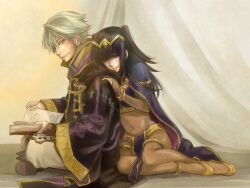  1boy black_hair bodysuit book bracelet cape cloak commentary_request couple female fire_emblem fire_emblem_awakening jewelry long_hair mystical_high_collar otoka_hisagi purple_eyes robin_(fire_emblem) robin_(male)_(fire_emblem) straight tharja_(fire_emblem) witch wizard 