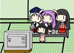  4girls :3 animal_ears bad_id bad_pixiv_id black_hair carrot chuggernaut couch dress hat houraisan_kaguya inaba_tewi long_hair multiple_girls pink_dress pink_hair rabbit_ears reisen_udongein_inaba short_hair skirt television touhou walfas watership_down white_hair yagokoro_eirin 