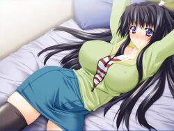  arms_up bed black_legwear blush breasts embarrassed erect_nipples female game_cg huge_breasts indoors large_breasts long_hair lying on_back pillow pururun_cafe shirt skirt solo striped striped_shirt sumeragi_kohaku takeuchi_narumi thighhighs unzipped zettai_ryouiki zipper 