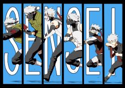  1boy age_progression aged_down bandages book boots commentary_request detached_sleeves fingerless_gloves forehead_protector gloves hatake_kakashi i_(kaiyou) male_focus mask multiple_persona naruto naruto_(series) running sword tattoo tears vest weapon white_hair 