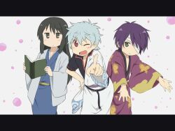  3boys arawi_keiichi_(style) bandage_over_one_eye black_eyes black_hair book commentary_request gintama green_eyes grey_hair hadanugi_dousa hyadain_no_kakakata_kataomoi_-_c japanese_clothes katsura_kotarou kimono letterboxed long_hair long_sleeves male_focus maruki_(punchiki) multiple_boys nichijou one_eye_closed open_clothes open_kimono parody pointing purple_hair red_eyes sakata_gintoki short_sleeves style_parody takasugi_shinsuke 