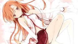  anime_screenshot asuna_(sao) bare_shoulders braid detached_sleeves end_card female kuroda_bb legs long_hair looking_at_viewer non-web_source orange_hair photoshop_(medium) red_eyes skirt solo sword_art_online 