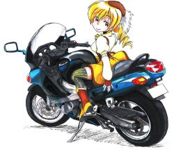  beret blonde_hair boots breasts closed_mouth commentary_request detached_sleeves drill_hair female fingerless_gloves gloves hair_ornament hat looking_at_viewer looking_back magical_girl mahou_shoujo_madoka_magica mahou_shoujo_madoka_magica_(anime) medium_breasts motor_vehicle motorcycle nib_pen_(medium) nishimiya_makoto pleated_skirt shoe_soles sitting skirt smile solo striped_clothes striped_thighhighs thighhighs tomoe_mami tomoe_mami_(magical_girl) traditional_media vehicle_focus vertical-striped_clothes vertical-striped_thighhighs yellow_eyes 