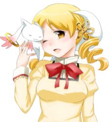  blonde_hair breasts commentary_request drill_hair female hair_ornament kyuubee mahou_shoujo_madoka_magica mahou_shoujo_madoka_magica_(anime) medium_breasts mitakihara_school_uniform one_eye_closed open_mouth school_uniform tomoe_mami twin_drills twintails unnen white_background yellow_eyes 