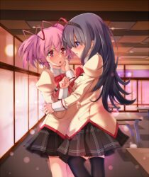  2girls :o akemi_homura alternate_legwear amayofuu black_hair black_pantyhose blue_eyes blush commentary_request hairband hand_on_another&#039;s_face juliet_sleeves kaname_madoka long_hair long_sleeves mahou_shoujo_madoka_magica mahou_shoujo_madoka_magica_(anime) mitakihara_school_uniform multiple_girls pantyhose pink_hair pleated_skirt puffy_sleeves red_eyes school_uniform skirt thighhighs yuri 