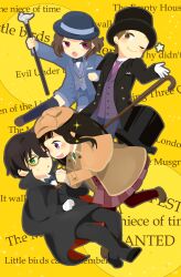  2boys 2girls black_hair brown_eyes brown_hair cane chibi chitanda_eru commentary_request cosplay detective english_text formal fukube_satoshi green_eyes hat hyouka ibara_mayaka kimi_ni_matsuwaru_mystery long_hair monocle multiple_boys multiple_girls oreki_houtarou purple_eyes red_eyes shifumi short_hair suit top_hat 