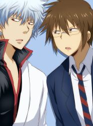  2boys bad_id bad_pixiv_id black_eyes brown_hair crossover danshi_koukousei_no_nichijou gintama glasses grey_hair japanese_clothes male_focus maruki_(punchiki) multiple_boys necktie red_eyes sakata_gintoki sanpaku school_uniform striped striped_necktie sugita_tomokazu tabata_hidenori voice_actor_connection 