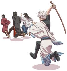  4boys black_hair bokken brown_hair chasing commentary_request gintama hadanugi_dousa japanese_clothes joui katsura_kotarou kiichi_(9ta) kimono long_sleeves male_focus multiple_boys open_clothes open_kimono sakamoto_tatsuma sakata_gintoki short_sleeves sword sword_writing takasugi_shinsuke weapon white_hair wooden_sword 