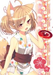  :d ahoge animal_ears bad_id bad_tinami_id bare_shoulders blonde_hair blush bottomless chrysanthemum cup dancho_(dancyo) female flower fox_ears fox_tail holding japanese_clothes long_hair looking_at_viewer no_panties obi oerba_yun_fang open_mouth original petals red_eyes sakazuki sash smile solo tail twintails 