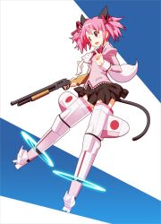  animal_ears bow cat_ears cat_girl cat_tail commentary_request female gun hair_ribbon highres kaname_madoka kyuubee magical_girl mahou_shoujo_madoka_magica mahou_shoujo_madoka_magica_(anime) nyoro_(nyoronyoro000) open_mouth parody photoshop_(medium) pink_hair red_eyes ribbon short_hair short_twintails shotgun skirt striker_unit tail twintails weapon world_witches_series 