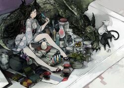  bad_id bad_pixiv_id black_hair blue_eyes book bottle container dragon egg feline female food hair_ribbon japanese_clothes jar nekosuke_(oxo) original pale_skin plant popsicle pot quill ribbon sandals test_tube 