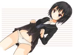  amagami black_hair blazer bob_cut brown_eyes clothes_lift commentary_request dutch_angle female jacket kibito_high_school_uniform midriff nanabuluku nanasaki_ai naughty_face panties pantyshot photoshop_(medium) school_uniform short_hair skirt skirt_lift smile solo striped striped_background sweater_vest underwear 