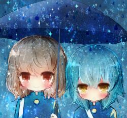  2boys :&lt; bad_id bad_pixiv_id blue_hair blush brown_hair frown holding holding_umbrella inazuma_eleven_(series) inazuma_eleven_go kariya_masaki male_focus multiple_boys rain red_eyes shared_umbrella shindou_takuto smile umbrella upper_body water_drop yellow_eyes yoshida_(nono_ko) 