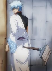  1boy anal anal_object_insertion bad_id bad_pixiv_id belt broom comedic_object_insertion from_behind gintama grey_hair hadanugi_dousa high_collar japanese_clothes kimono long_sleeves looking_back male_focus male_penetrated maruki_(punchiki) multicolored_hair object_insertion open_clothes open_kimono open_mouth sakata_gintoki shaded_face short_sleeves solo sweat two-tone_hair white_kimono wide_sleeves 