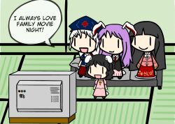  4girls animal_ears bad_id bad_pixiv_id black_hair carrot chuggernaut couch dress english_text hat houraisan_kaguya inaba_tewi long_hair multiple_girls pink_dress pink_hair rabbit_ears reisen_udongein_inaba short_hair skirt television touhou walfas watership_down white_hair yagokoro_eirin 