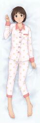  absurdres barefoot bed brown_hair feet female highres long_image lying pajamas pillow tall_image toes 