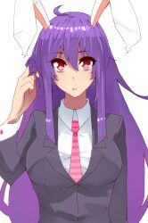  animal_ears bad_id bad_pixiv_id blazer breasts dress_shirt female horizontal-striped_necktie jacket jont long_hair looking_at_viewer medium_breasts necktie pink_necktie purple_hair rabbit_ears red_eyes reisen_udongein_inaba shirt solo striped striped_necktie touhou twirling_hair upper_body very_long_hair 