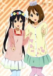  2girls absurdres aqua_pantyhose black_hair brown_eyes brown_hair crown head_wreath highres hirasawa_yui horiguchi_yukiko imageboard_desourced k-on! long_hair magazine_scan megami_magazine multiple_girls nakano_azusa non-web_source official_art open_mouth pantyhose purple_legwear round_teeth scan short_hair teeth twintails v 